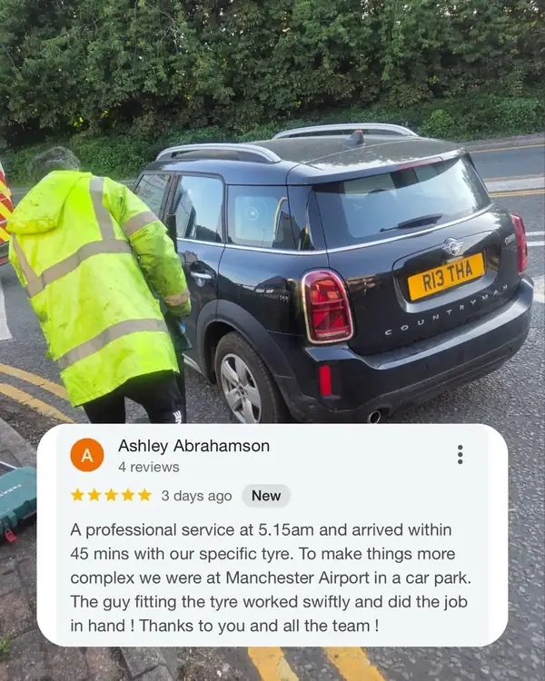 MINI tyre replaced at Manchester Airport, with the customer review