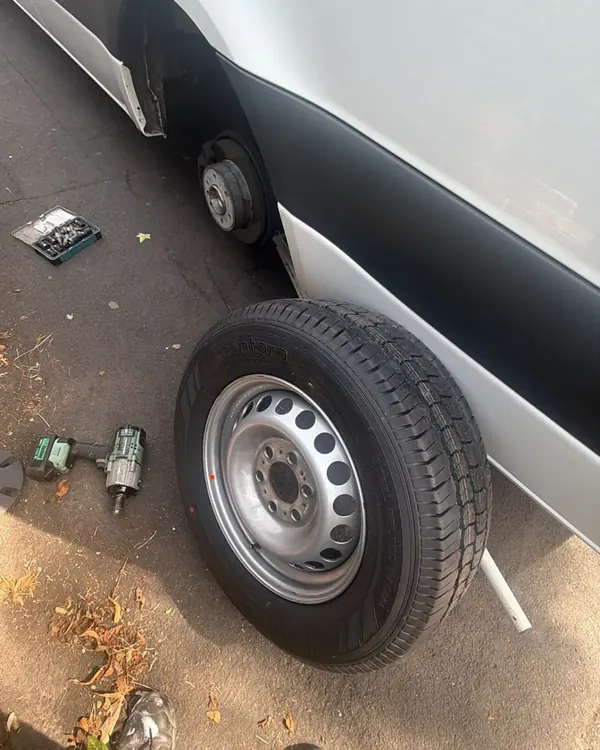 New tyre fitted to a Mercedes Sprinter van